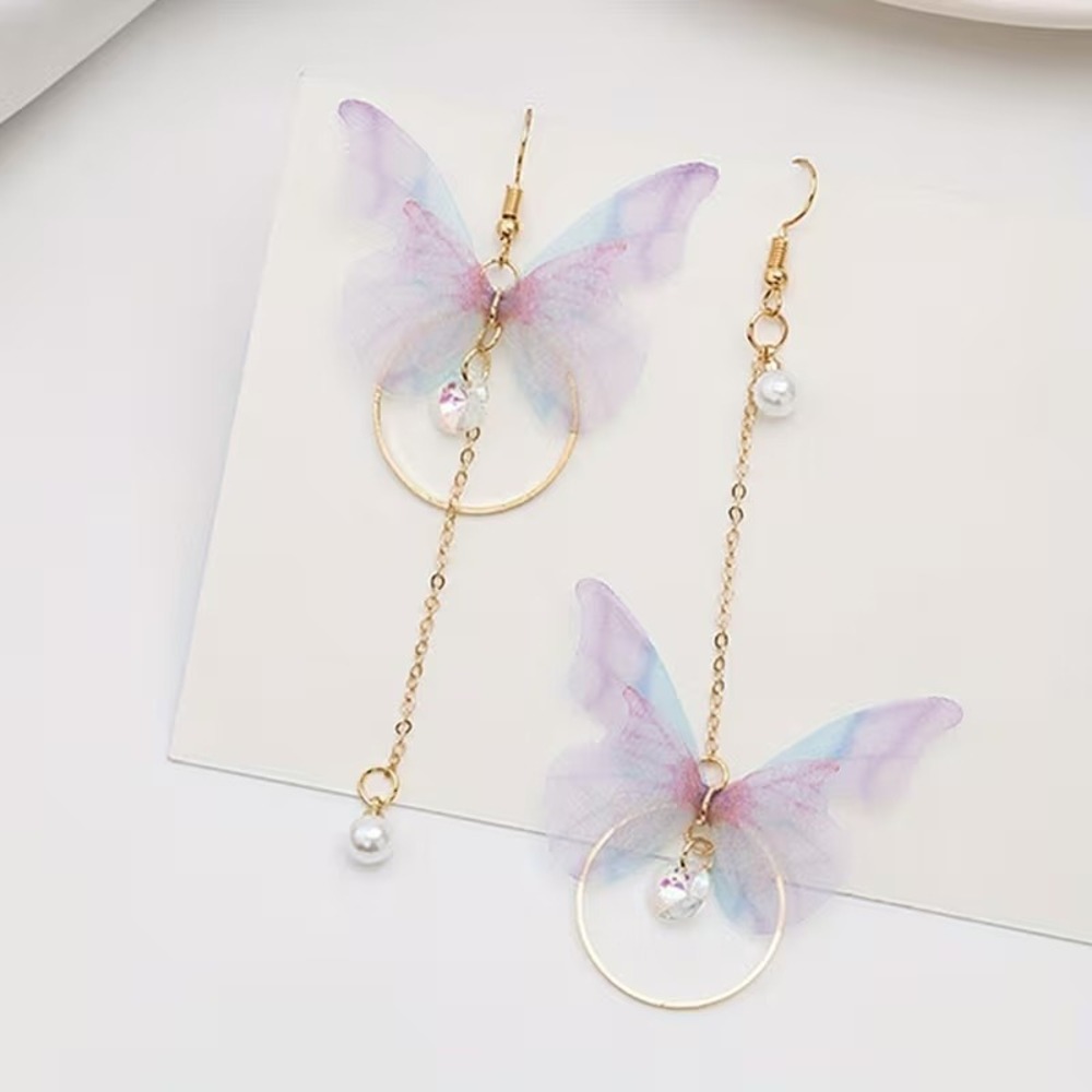 Womens Purple Blue Organza Butterfly‎ Asymmetrical Dangle Earrings Gold Tone